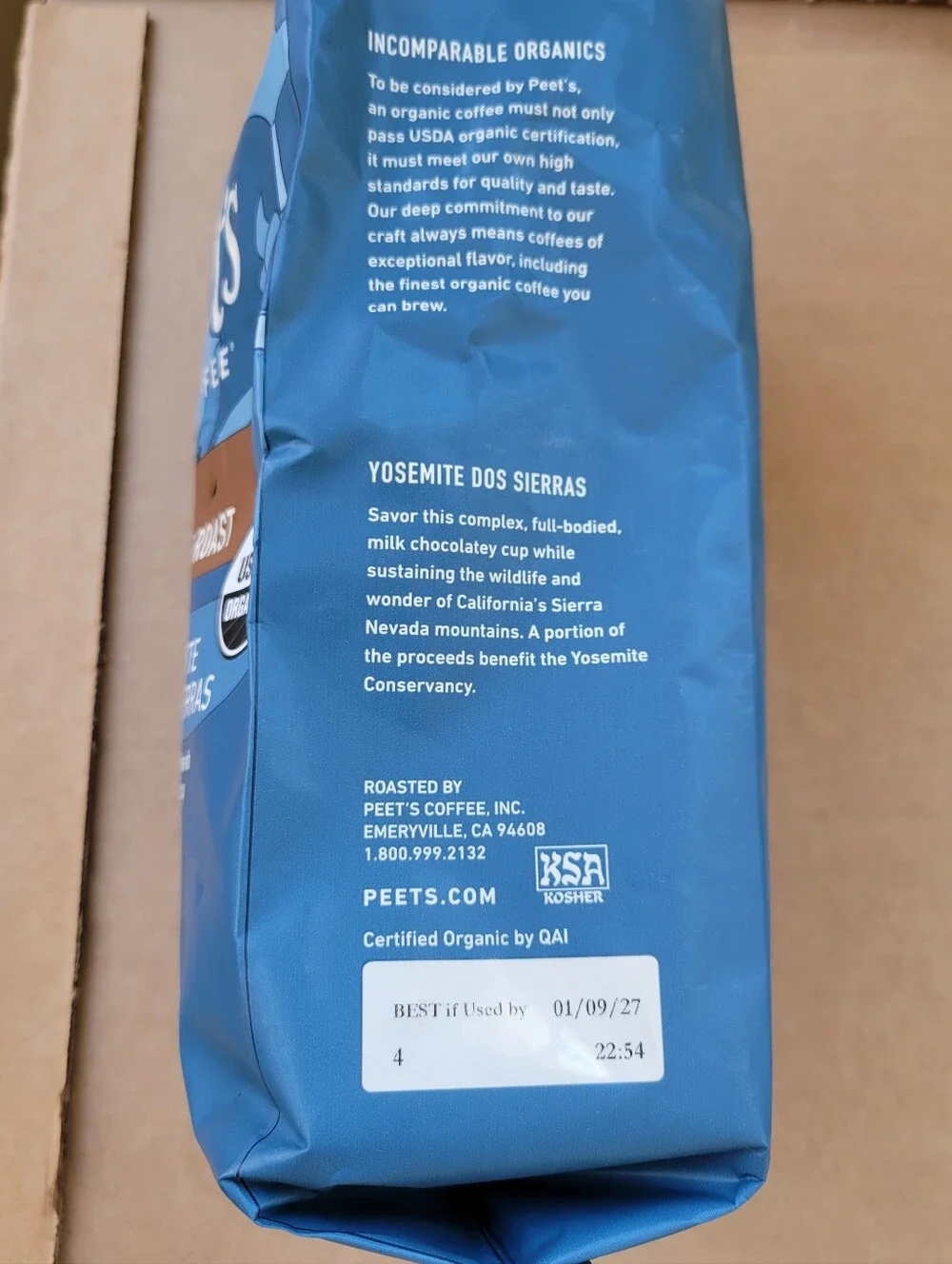 Peet's Organic Dark Roast Yosemite Dos Sierras Ground Coffee 32oz. Best by 1/27